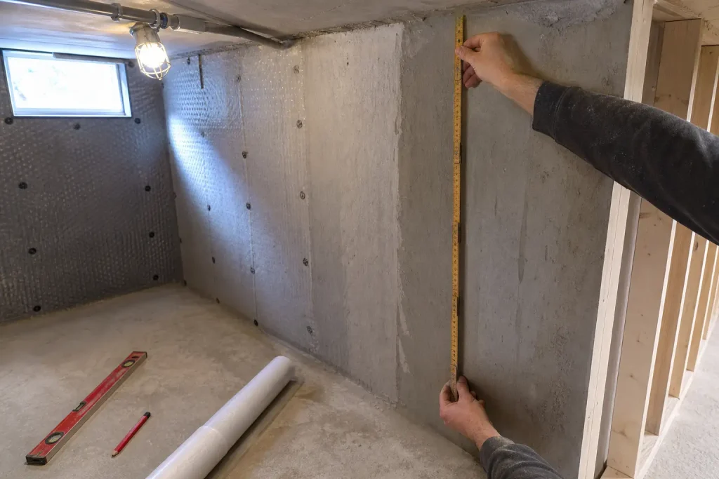 Ett par händer mäter takhöjden i en källare som byggs om, inför en badrumsrenovering utan bygglov.