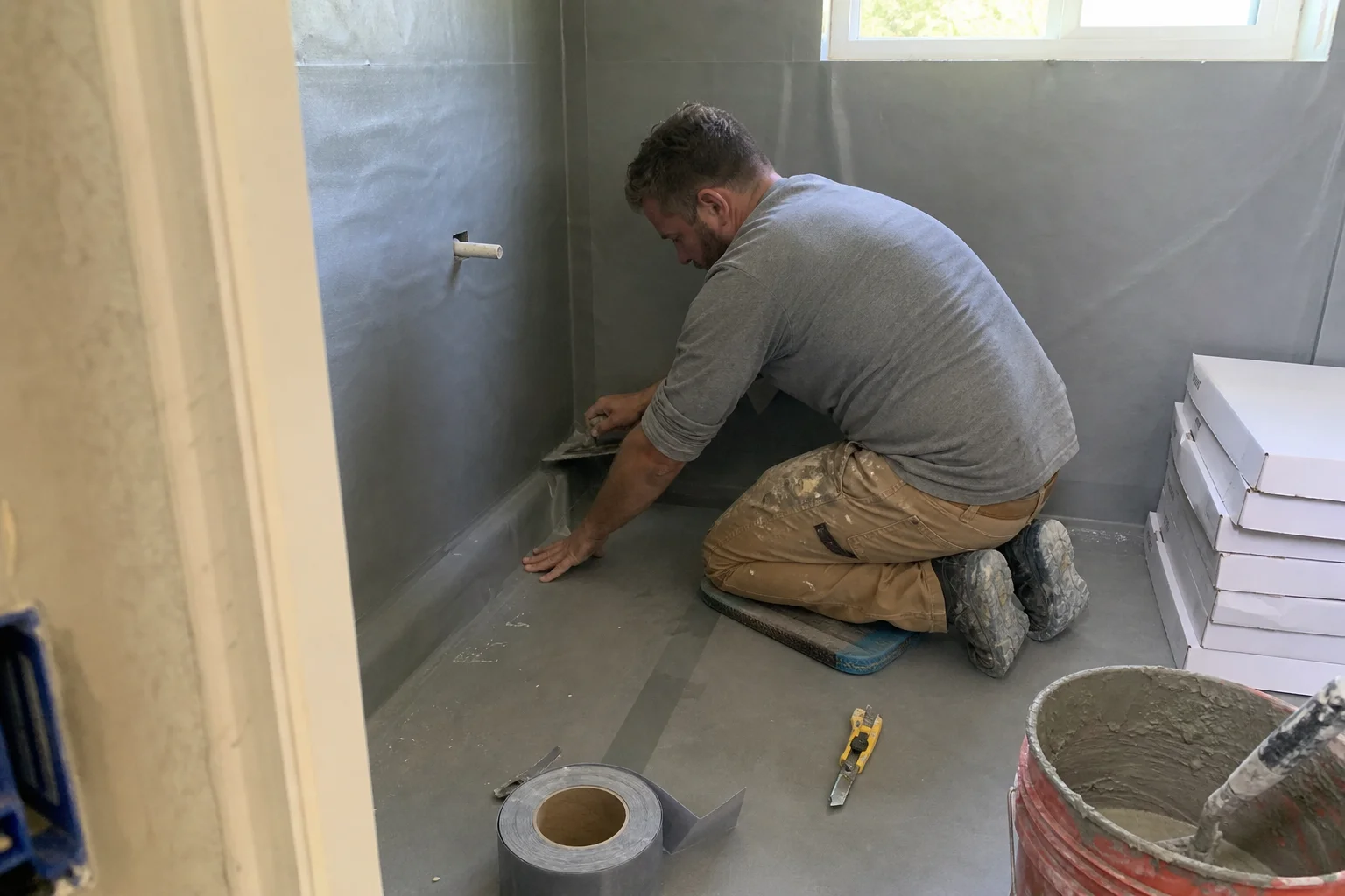 Hantverkare monterar tätskikt i badrum under badrumsrenovering utan bygglov