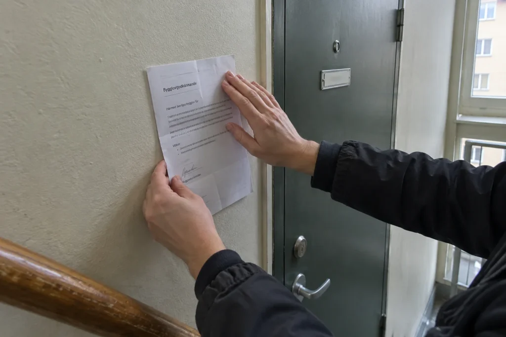 Person håller upp ett skriftligt godkännande vid en lägenhetsdörr inför badrumsrenovering utan bygglov
