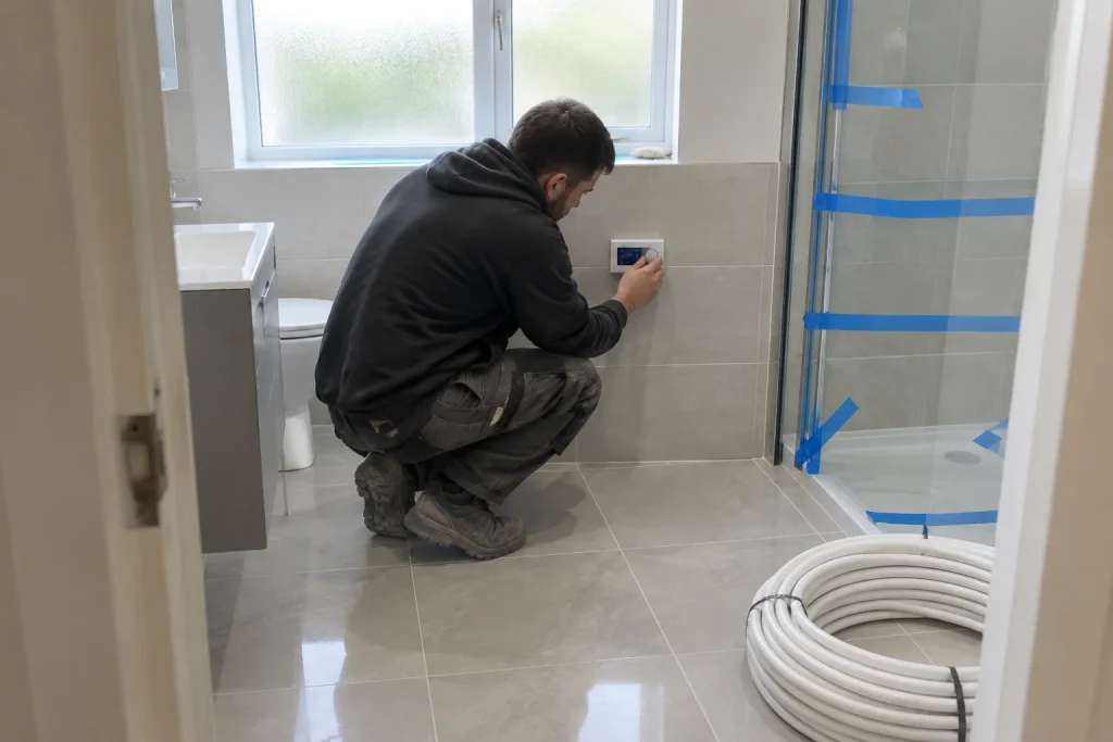 Rörmokare justerar värmepanel på badrumsvägg under badrumsrenovering utan bygglov