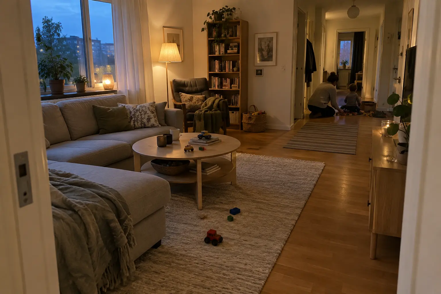 Förälder och barn plockar leksaker tillsammans i ett vardagsrum en vanlig vardagskväll, tema för Barnavårdsföreningen