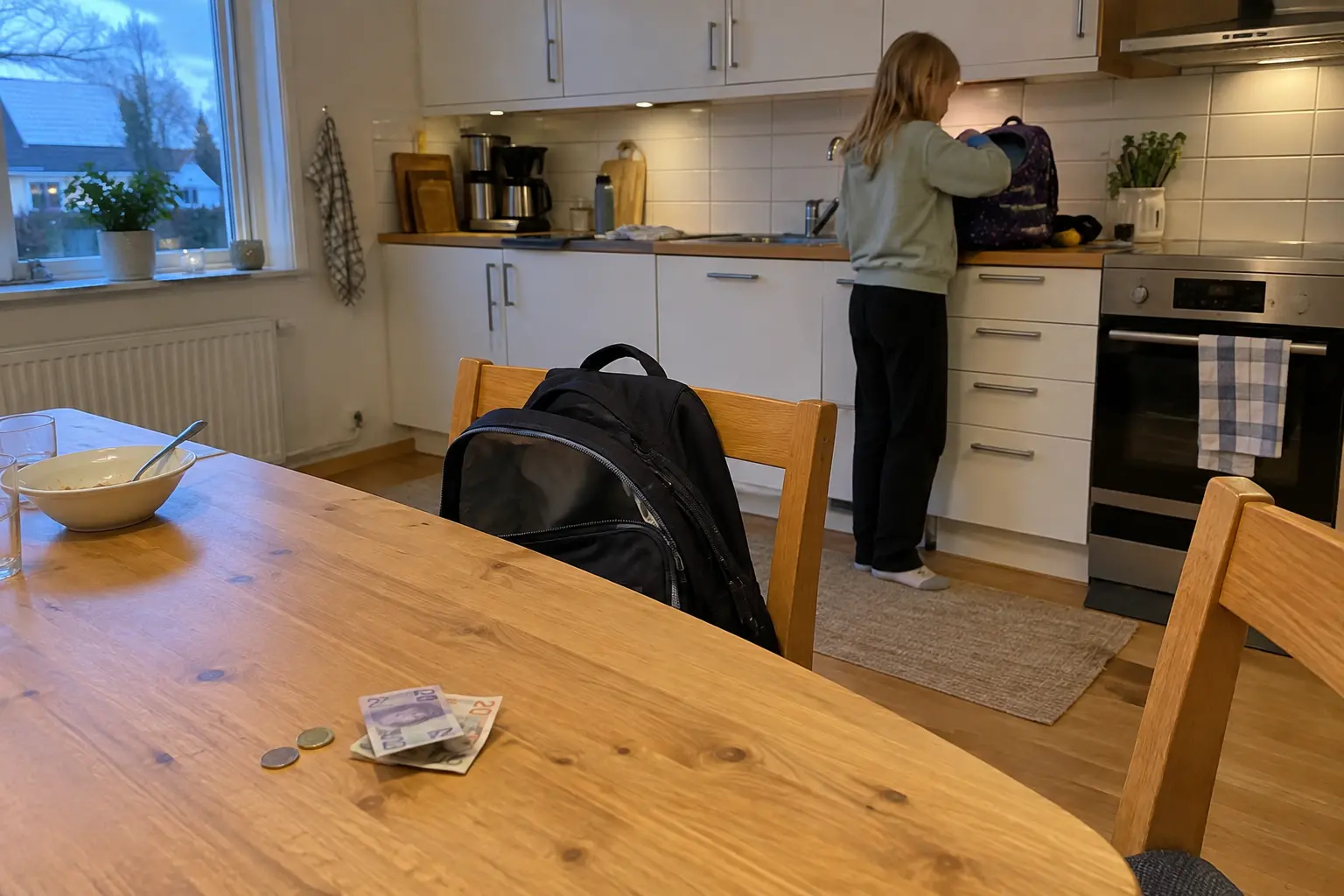 Kök med några mynt och sedlar på bordet, ett barn i bakgrunden vid sin skolväska. Så mycket får barn i veckopeng.