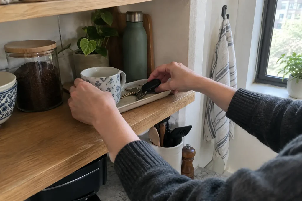 Händer lägger mugg och nycklar på plats i köket, ett litet exempel på Barnavårdsföreningens tips för mindre bråk hemma.