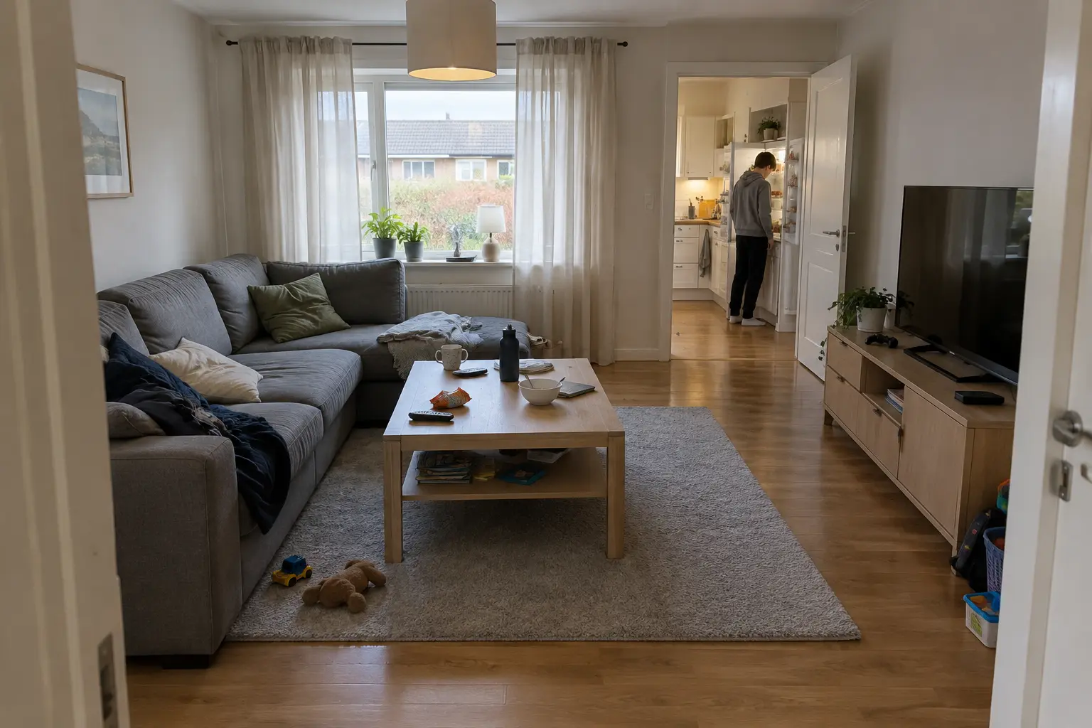 Vardagsrum i radhus där en tonåring står vid kylen, som illustration till Det här bör tonårsföräldrar inte lämna framme hemma