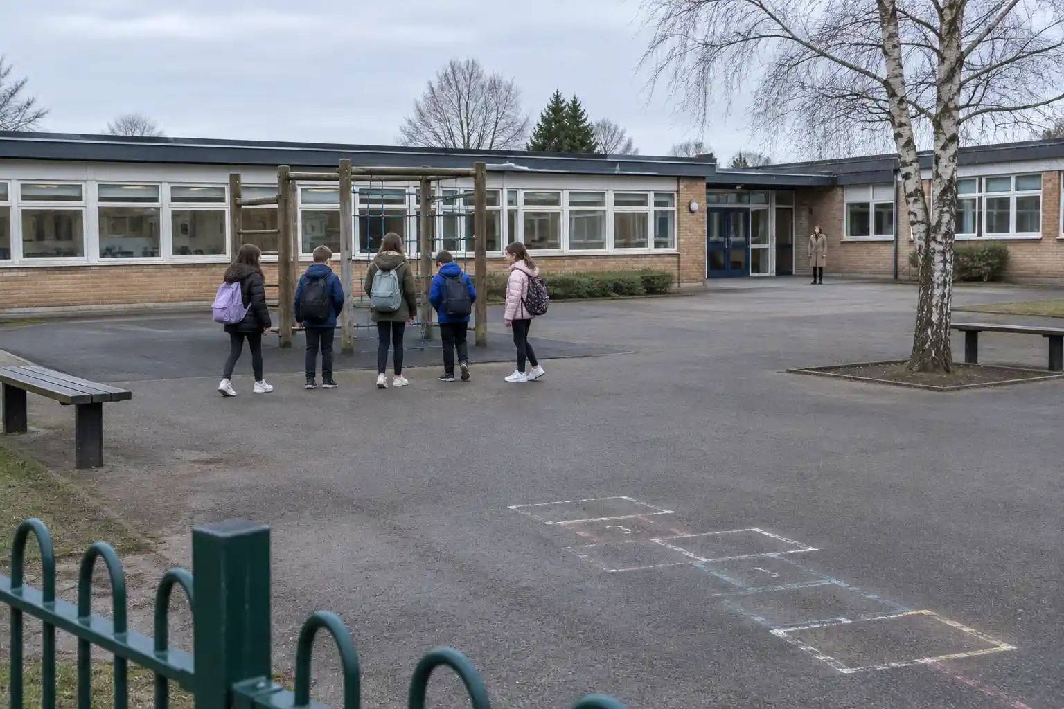 Barn samlade kring en klätterställning på en skolgård, ett ämne för konsekvenser för barn som beter sig illa