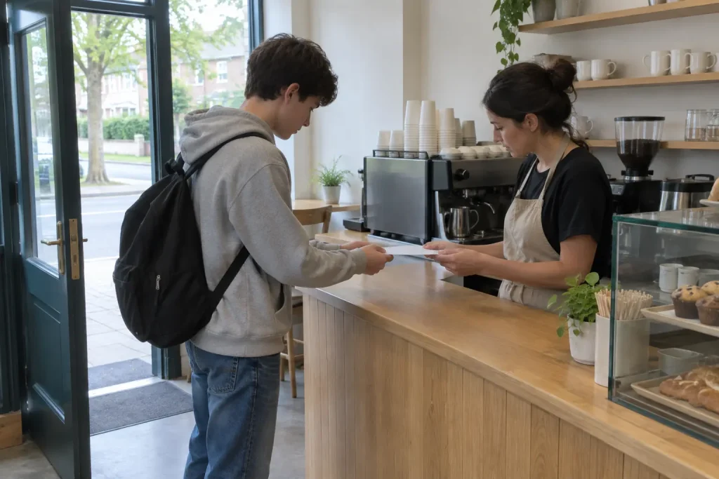 Femtonåring lämnar in ansökan på ett café, ett sommarjobb 15 år kan börja så